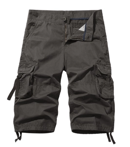 Detail view of charcoal cargo shorts showing flap pockets, button closure and drawstring cuffs