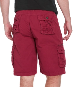 Men's loose cargo shorts in burgundy cotton twill with multi-pocket functional design