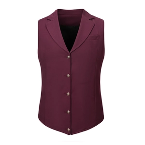 Elegant slim fit burgundy V-neck vest for women featuring classic metal buttons and lapels