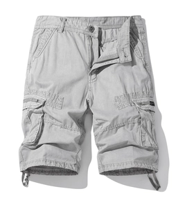 Detailed view of light gray men's cargo shorts featuring large side pockets and drawstring hem