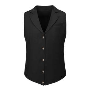 Detail view of black slim fit vest featuring five metal buttons and notched lapel