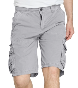 Men's loose cargo shorts in grey twill cotton featuring side flap pockets and zippers
