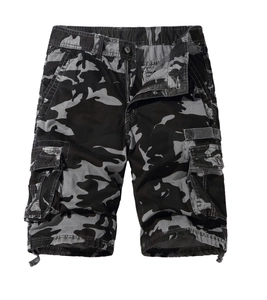 Detail of cargo shorts showing camo pattern, large side pockets, and durable stitching