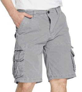 Men's loose fit grey cargo shorts with multiple utility pockets and zip fly