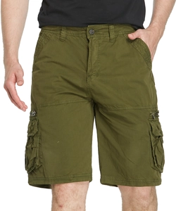 Close-up of military green cargo shorts featuring multi-pocket design and zipper details