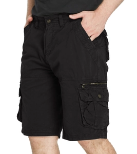 Men's black multi-pocket cargo shorts in durable cotton with functional side flap pockets