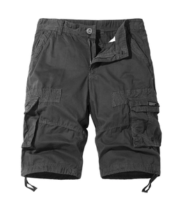 Detail of dark grey cargo shorts with multi-pocket design and adjustable leg drawstrings