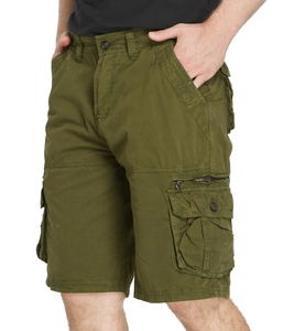 Detail view of olive cargo shorts showing functional multi-pockets and twill fabric texture