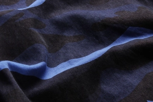 Mens cargo shorts featuring blue and black camouflage pattern with durable twill fabric