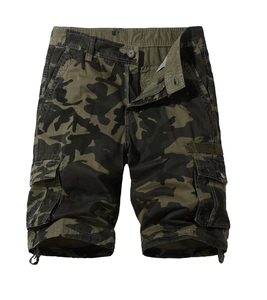 Detail showing tactical camo cargo shorts with large flap pockets and drawstring hem