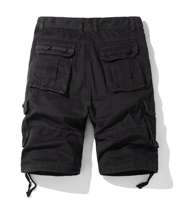 Detail view of men's black cargo shorts featuring rear flap pockets and drawstring hem