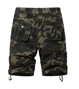 Rear view of camouflage cargo shorts featuring multi-pocket design and adjustable hem drawstrings