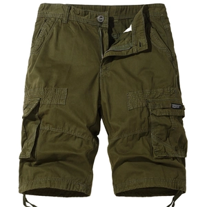 Men's loose fit military green cargo shorts with multiple pockets and cotton twill fabric