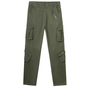 Mens olive green multi-pocket cargo work pants in durable cotton twill fabric
