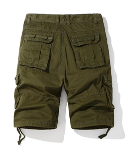Rear view of army green cargo shorts with multiple flap pockets and drawstring hem