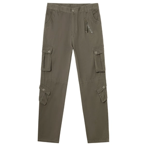 Men's olive green multi-pocket cargo pants with durable cotton twill fabric construction