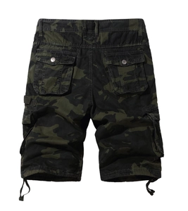 Rear view of camo cargo shorts with buttoned flap pockets and adjustable hem drawstrings