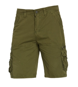 Close-up of military green cargo shorts featuring durable cotton and multiple utility pockets