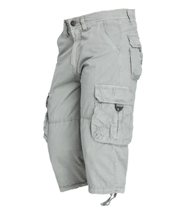 Close-up of light grey cargo shorts with durable cotton fabric and large flap pockets
