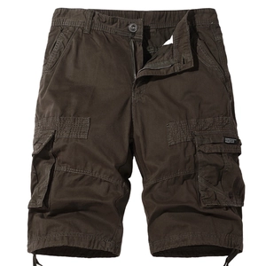 Men's dark brown cargo shorts with durable cotton fabric and side flap pockets