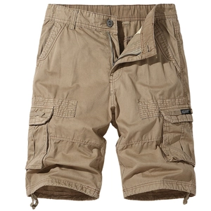 Men's loose khaki cargo shorts in cotton canvas with multi-pockets and drawstring hem