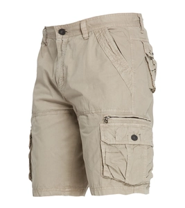 Detail of khaki cargo shorts showing large side pockets and metal zipper decoration
