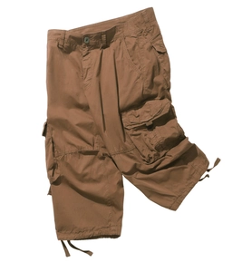 Detail of dark khaki cargo shorts showing multi-pocket design and adjustable leg drawstring
