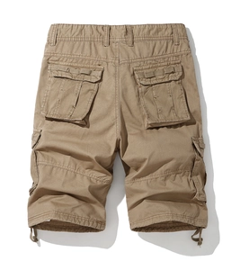 Detailed back view of khaki cargo shorts with flap pockets and drawstring hem
