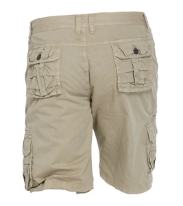 Detail view of khaki cargo shorts showing back button pockets and durable twill fabric