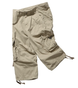 Detail view of khaki men's cargo shorts showing durable fabric and flap pockets