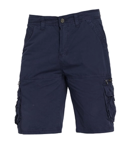 Detail view of navy blue cargo shorts featuring multi-pocket design and durable fabric