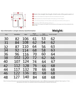 Size chart for men's cargo shorts with measurements for waist, hips, and length