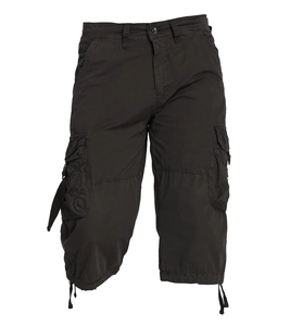 Detail of dark grey cargo shorts showing multi-pocket design and drawstring cuffs