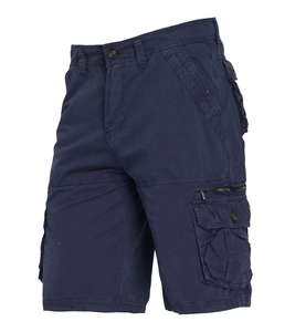 Detail of navy blue cargo shorts with flap pockets and decorative zipper on twill fabric