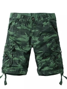 Men's camouflage cargo shorts with multi-pockets and cotton twill fabric on white background