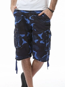 Men's camo cargo shorts with multi-pocket design and deep blue camouflage pattern