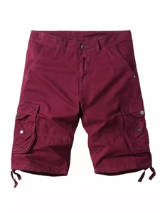 Men's casual cargo shorts in deep burgundy featuring multi-pocket utility design