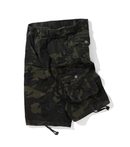 Detail of cargo camouflage shorts featuring multi-pocket design and heavy duty twill fabric