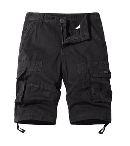 Close-up of black men's cargo shorts featuring flap pockets and adjustable drawstrings