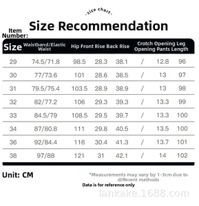 Detailed cargo pants size chart for men showing waist, hip, and length measurements