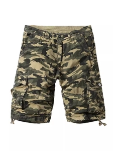 Men's oversized camo cargo shorts with multi-pockets and adjustable drawstring hem