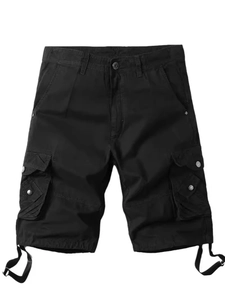 Men's casual cargo shorts in deep black with multiple utility pockets and metal snaps