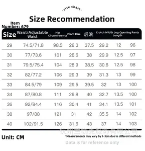 Detailed size chart for men's camouflage cargo pants showing waist and hip measurements