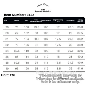 Detailed size chart for men cargo pants showing waist and hip measurements