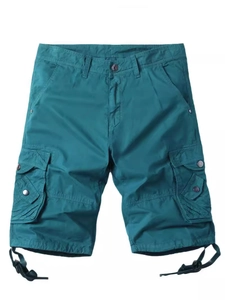 Men's loose multi-pocket cargo shorts in teal with drawstring cuffs and metal buttons