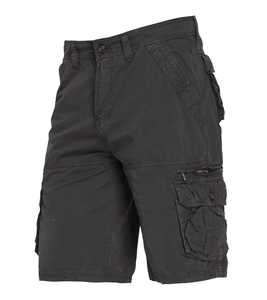 Detailed macro view of heavy-duty cotton twill cargo shorts with multi-pocket design