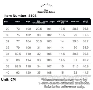 Detailed size chart for men's cargo pants showing waist and hip measurements in centimeters