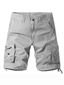 Men's light grey cotton cargo shorts with multiple pockets and drawstring hems