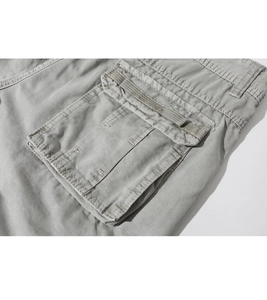 Detail of cargo short side pocket with reinforced webbing and durable stitching