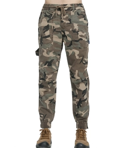 Detail of woodland camouflage cargo pants with drawstring waist and tactical side pockets